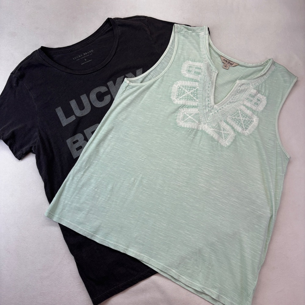Lucky Brand Tops Bundle Women Large Grey Mint Graphic Tee Embroidered Tank Top